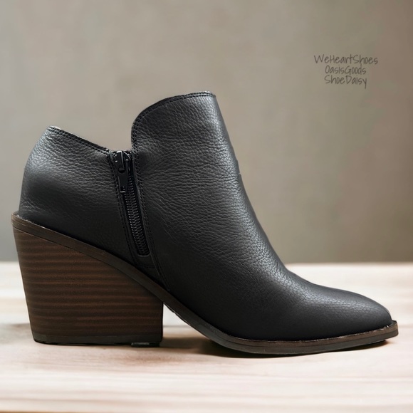 NIB Lucky Brand Sauci Almond Toe Block Heel Leather Ankle Booties Black 8.5M - Picture 8 of 12